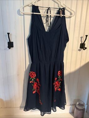 Navy Floral Embroidered Sleeveless Dress